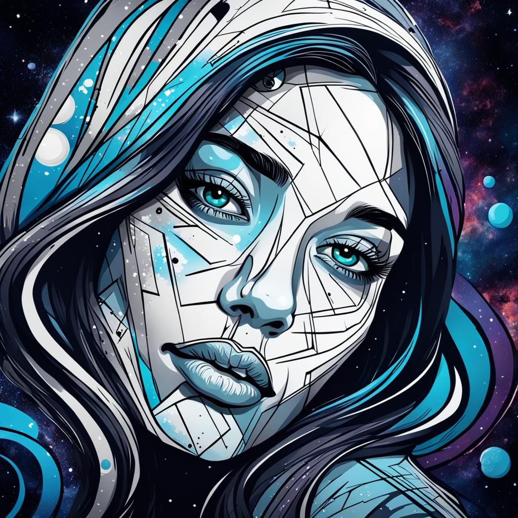 Beautiful Woman Portrait in Cartoon Graffiti Art Style