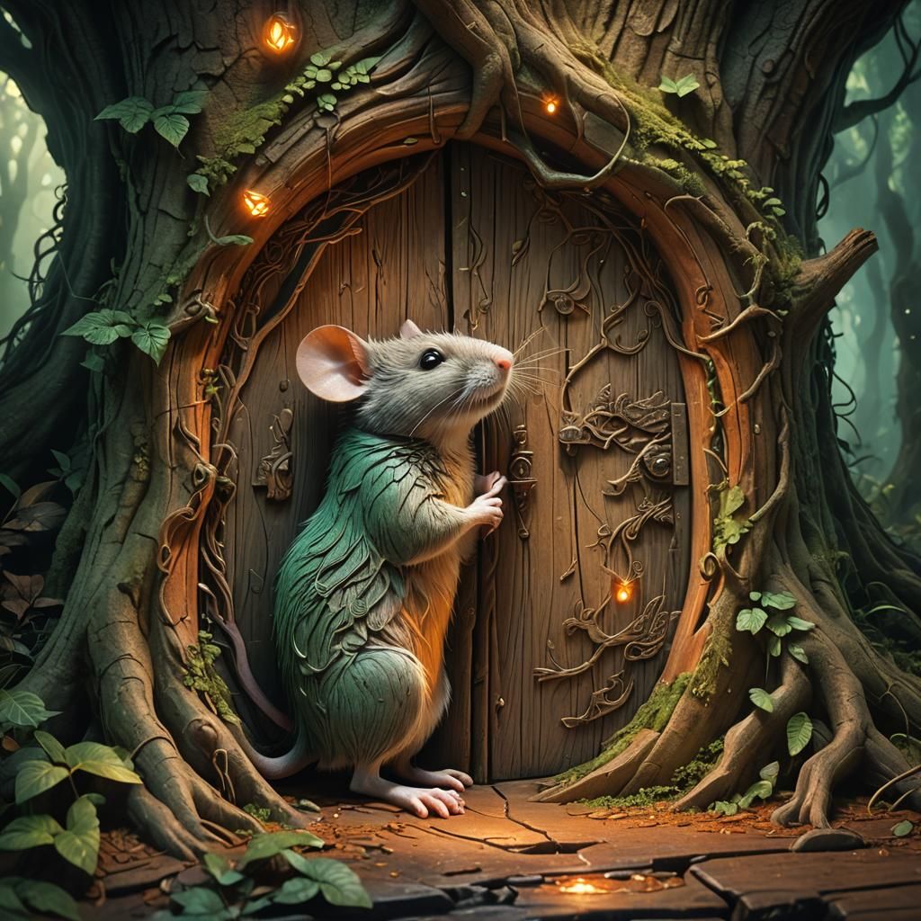 Mouse on Carved Wood in Mystical Forest