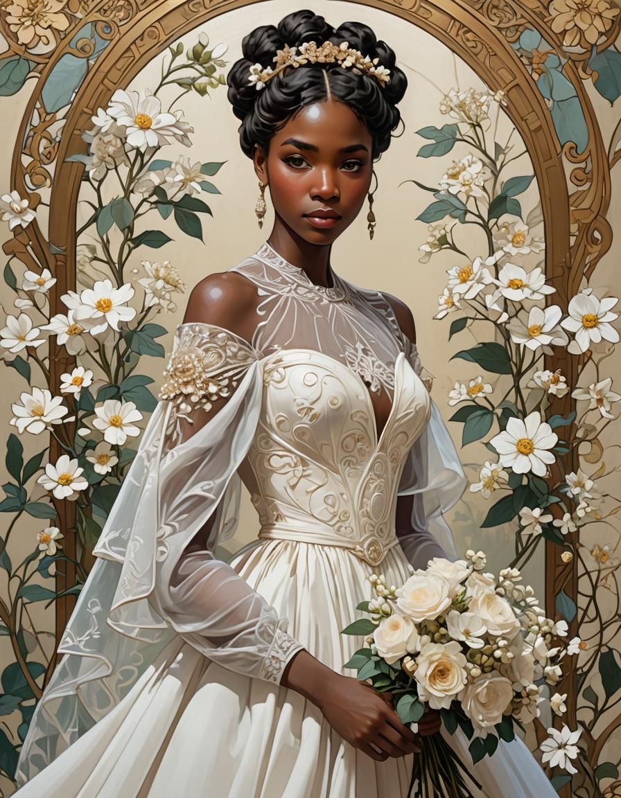 Bridgerton-Style Black Bride Portrait in Art Nouveau Style