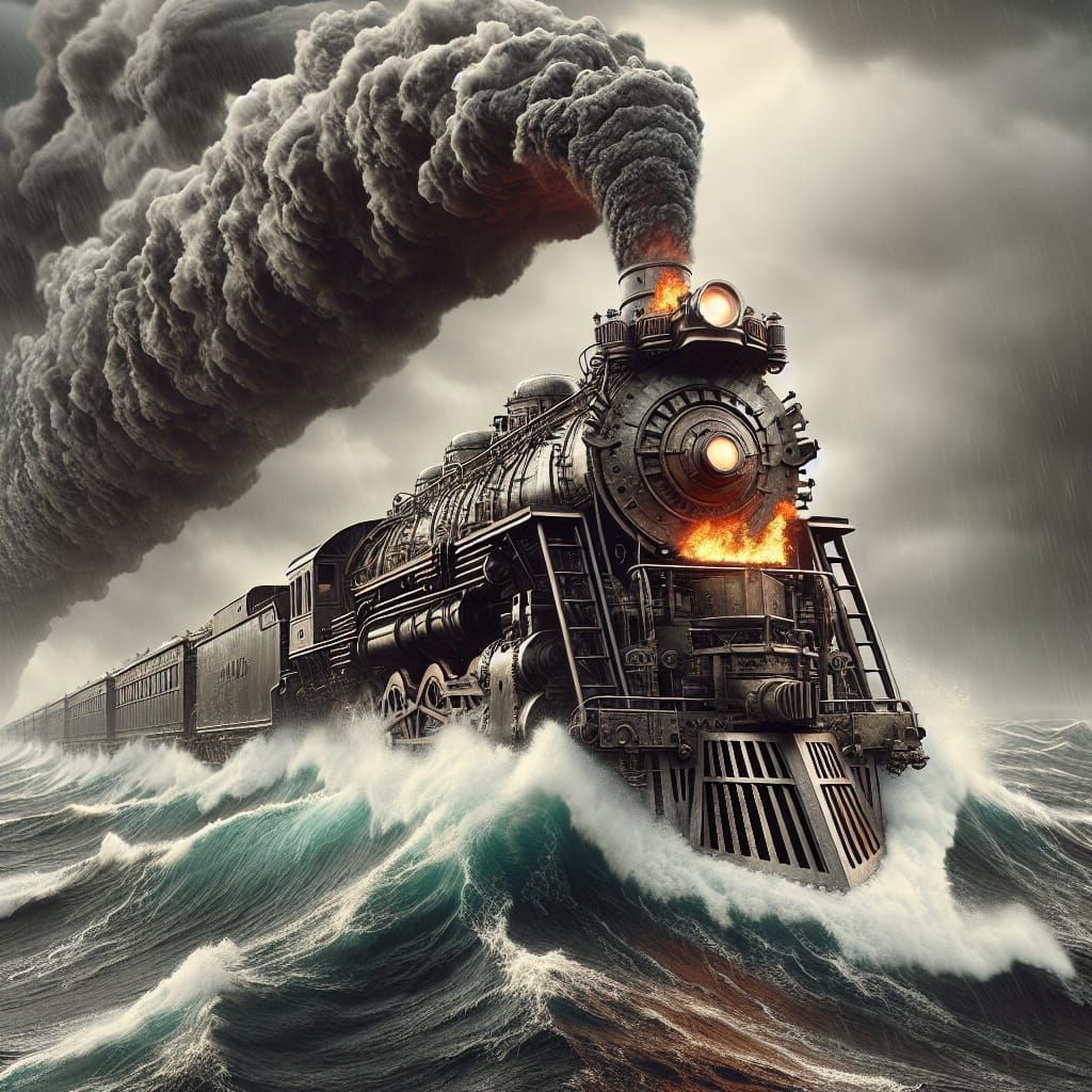 Steampunk Locomotive Sailing Stormy Ocean