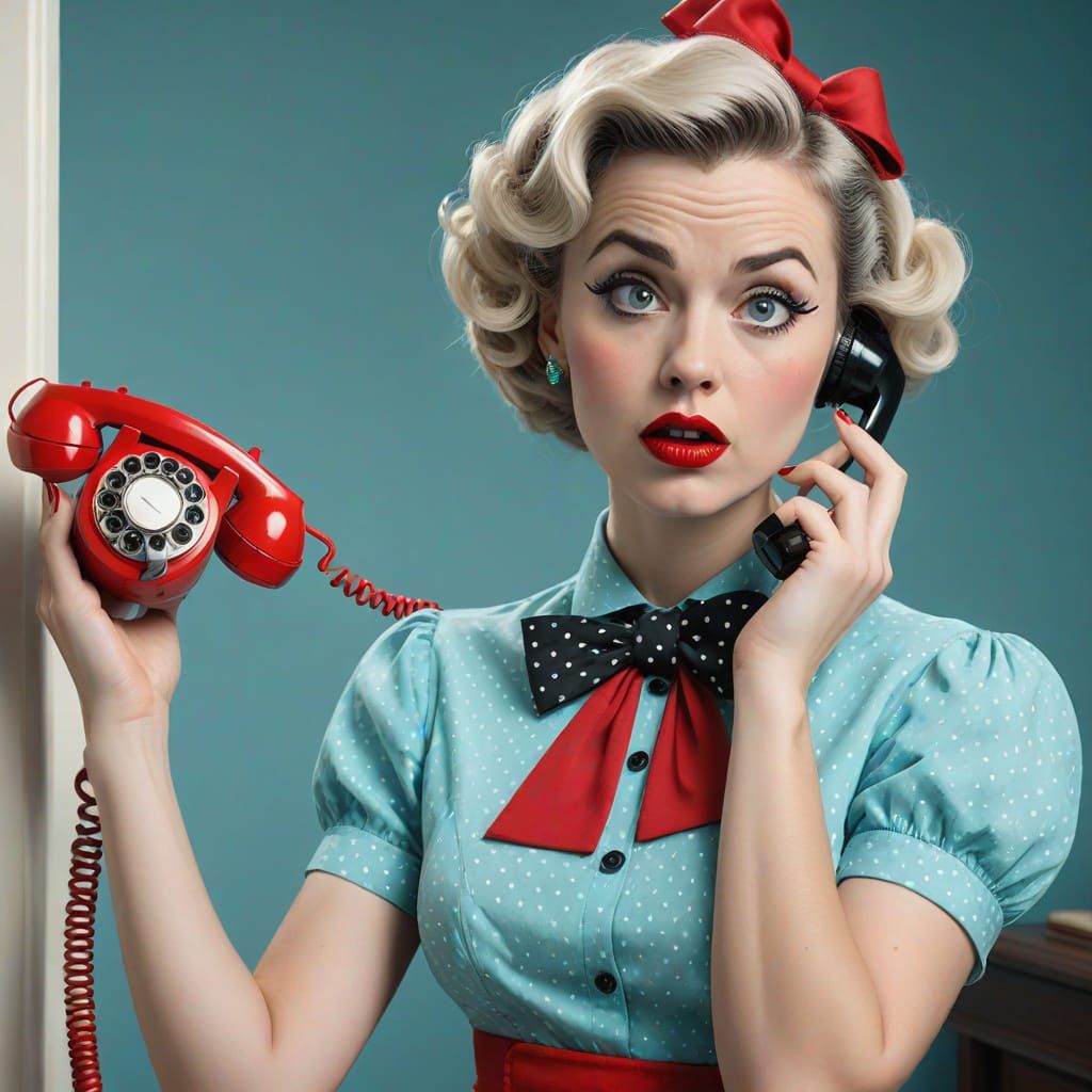 Frustrated Woman in Retro Outfit Holding Old Telephone