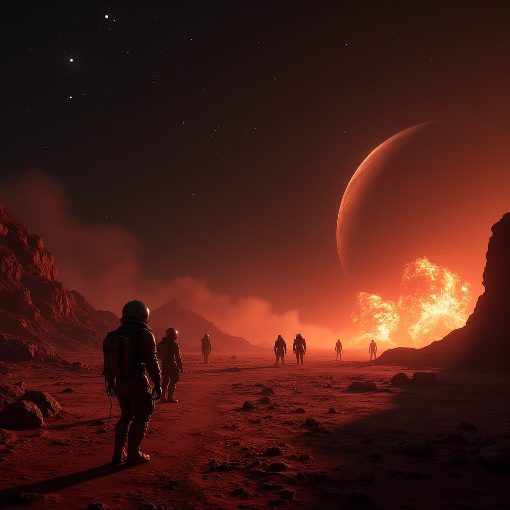 Battle on Mars: Explosions Under a Starry Sky