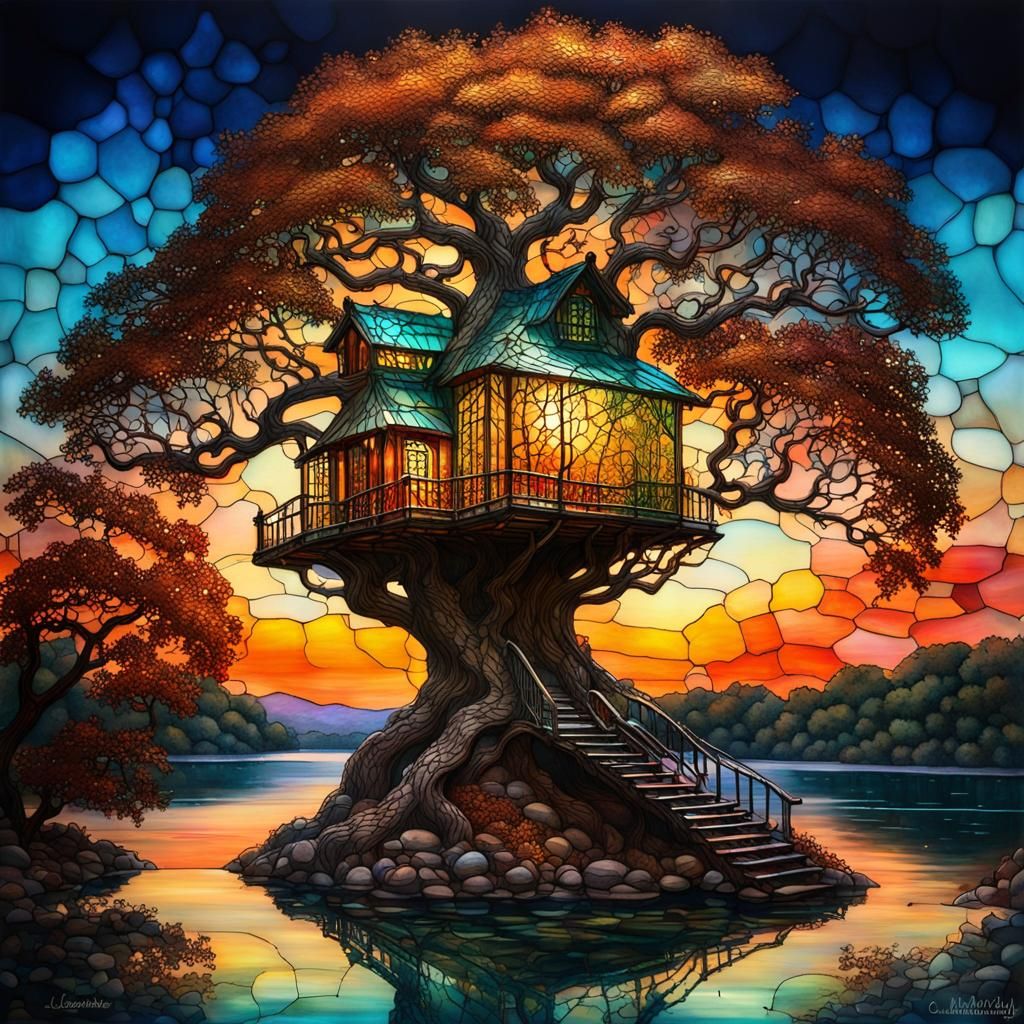 Surreal Metal Treehouse with Tiffany Glass in Sunset