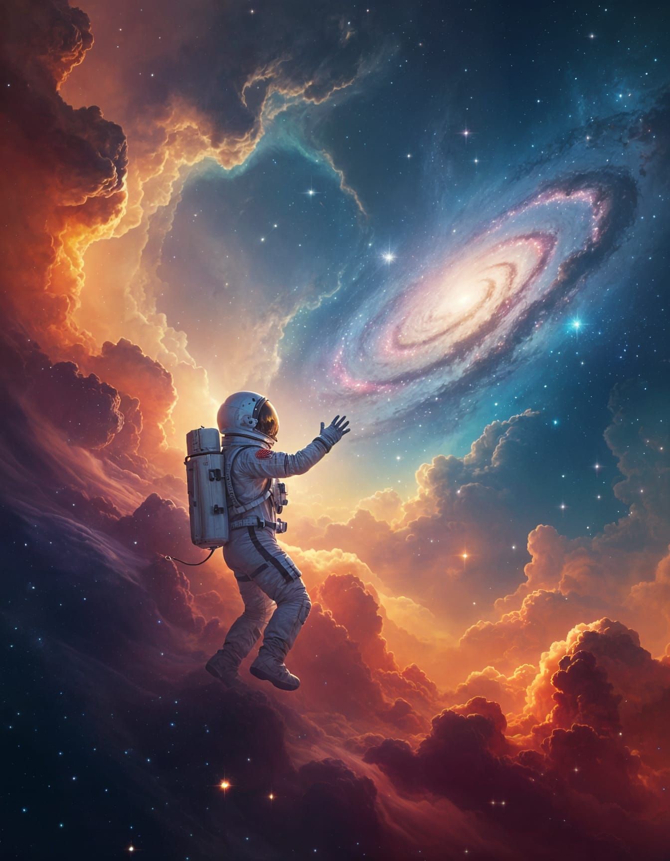 Astronaut Reaches for Galaxy in Swirling Nebula