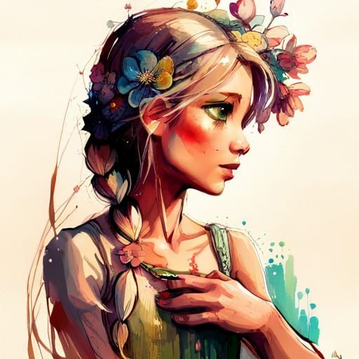 Rapunzel with Flowers in Braid: Digital Art