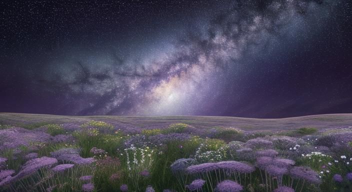 Surreal Starry Landscape with Wildflowers