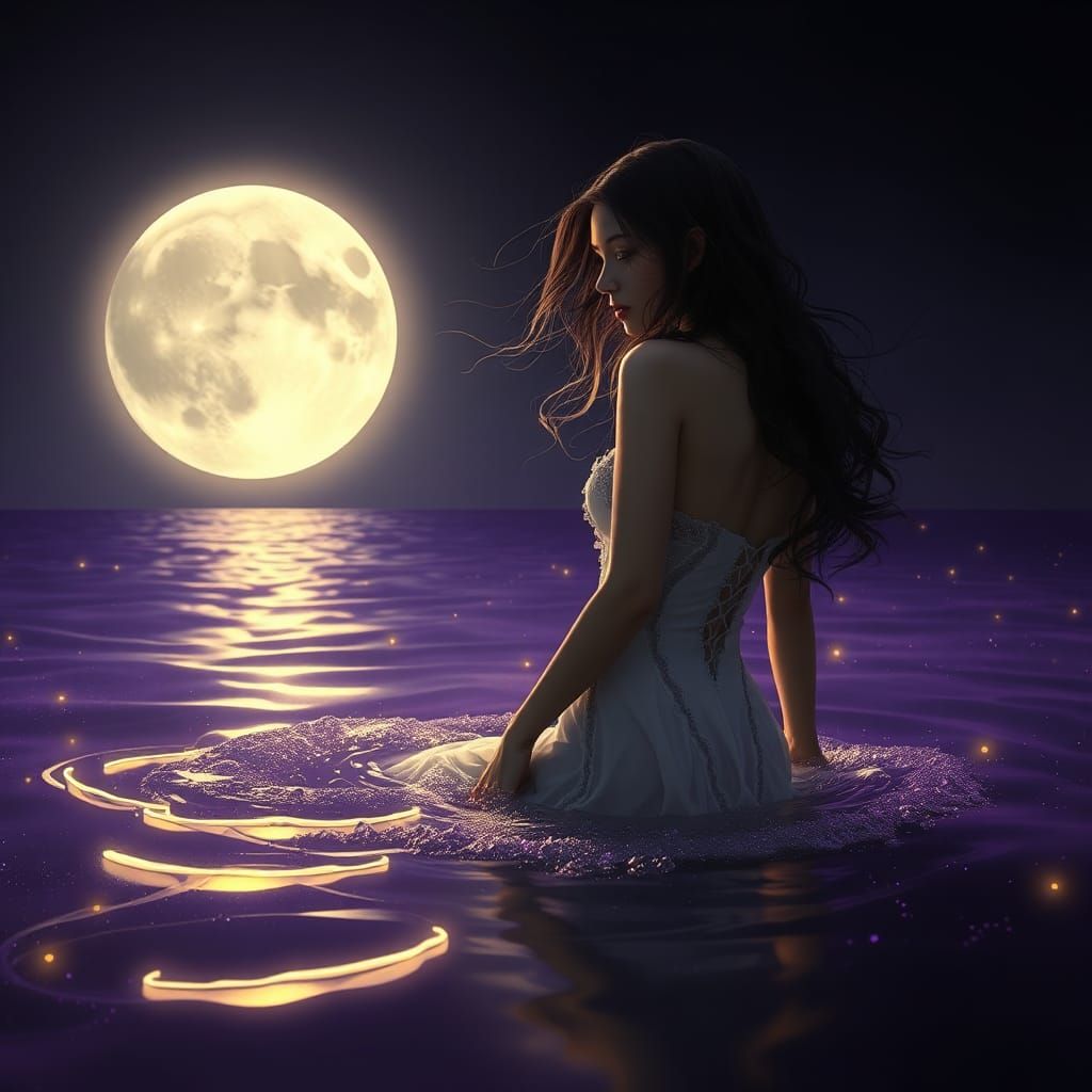 Moonlit Beach Swim: Alphonse Mucha and Greg Rutkowski Style