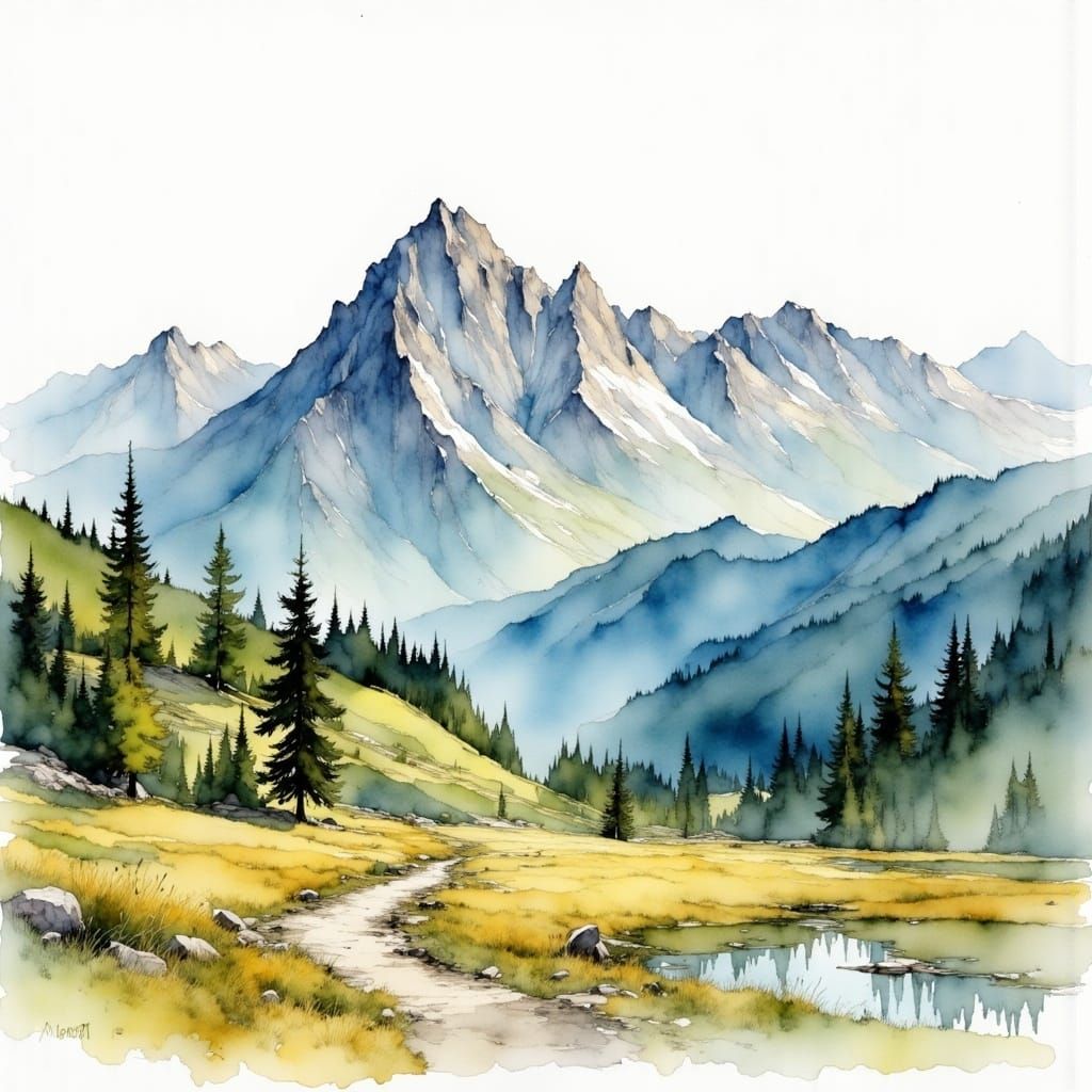 Watercolor Mountain Landscape in Painterly Style