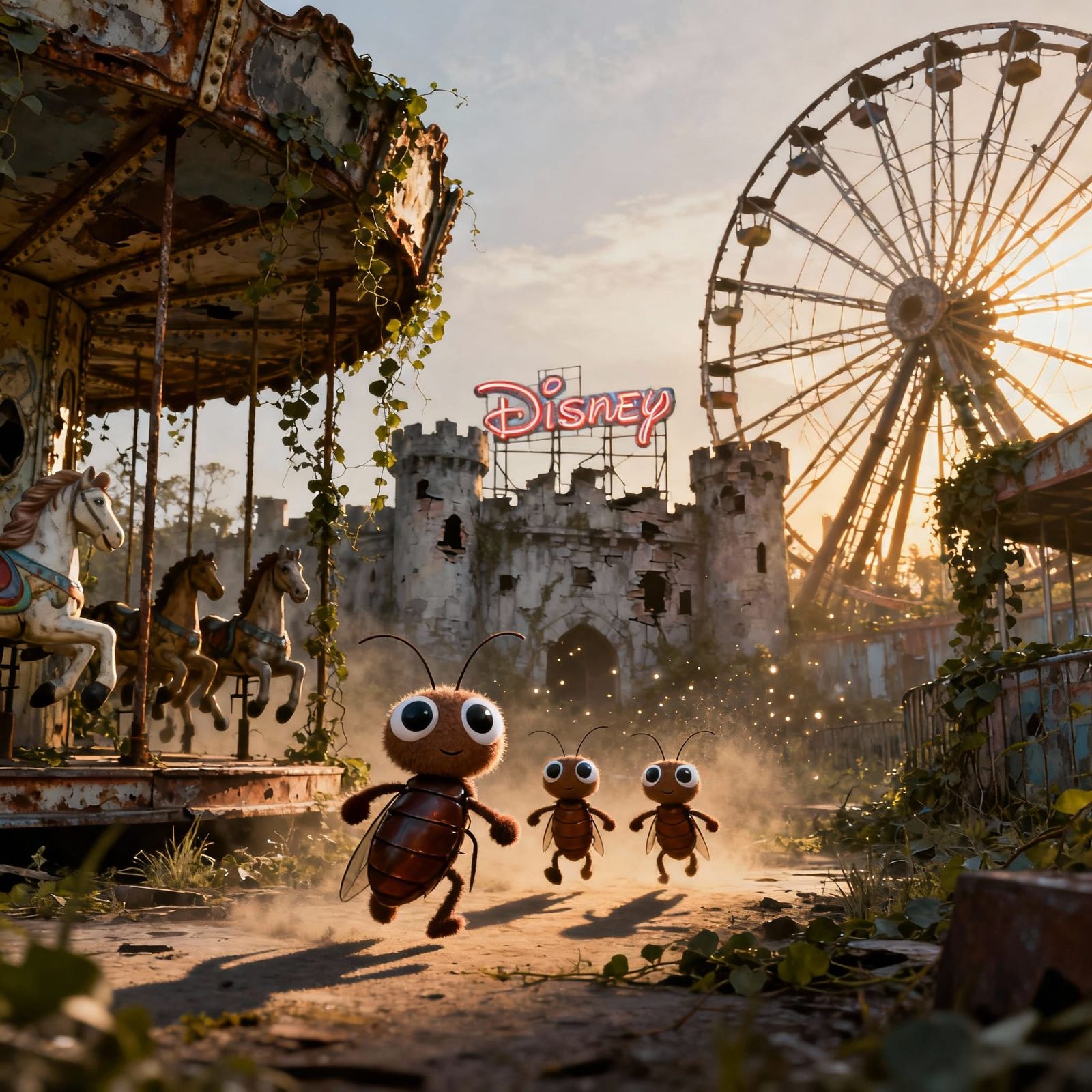 Happy Cockroach Family Explores Ruined Fairytale Park