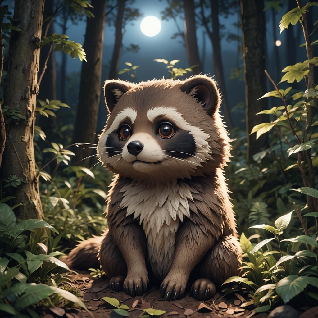 Tanuki in Moonlit Forest: Anime-Inspired 3D Art