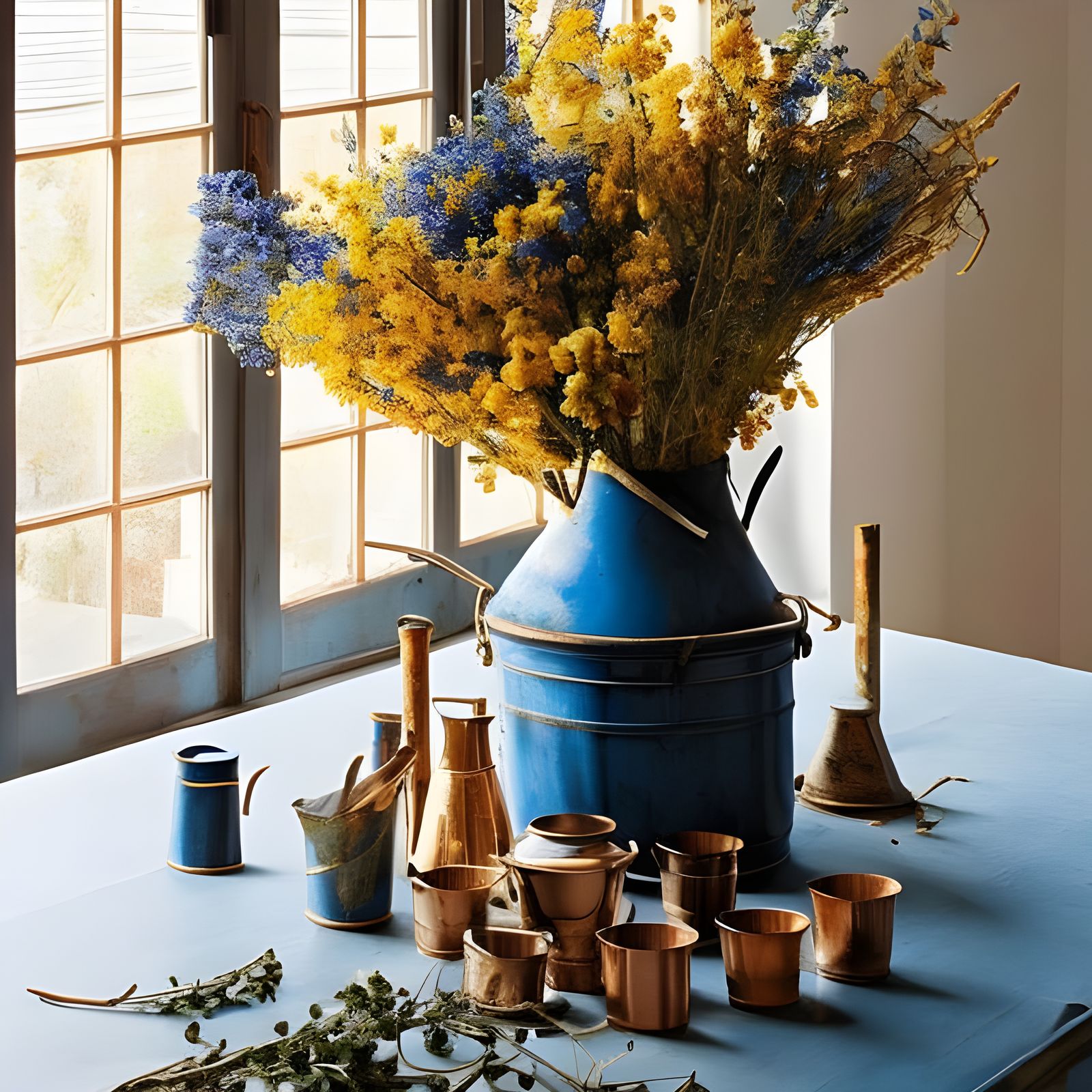 Golden Flowers on Butcher Table in Abstract Style