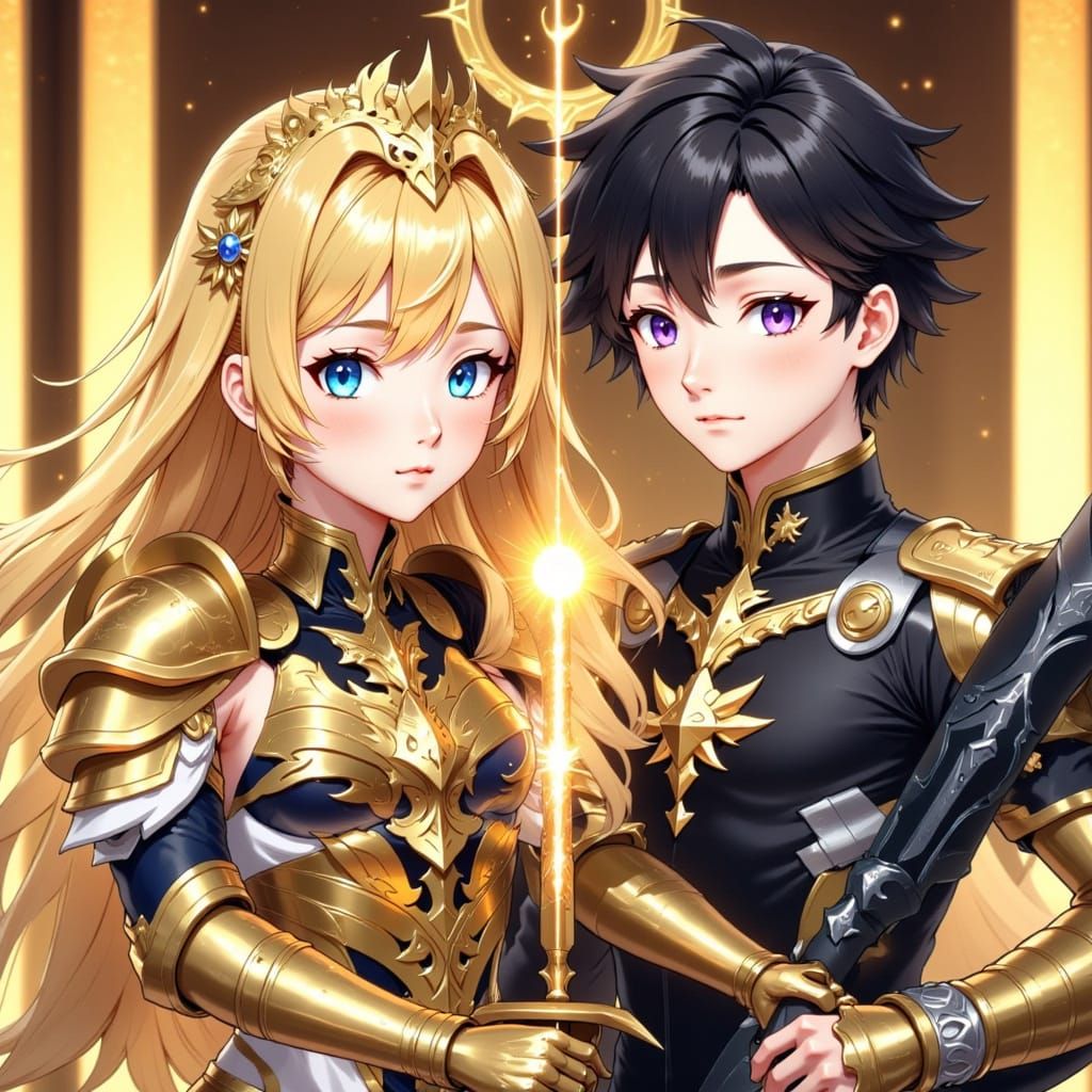 Anime Warriors: Blonde Woman and Young Man in Epic Battle