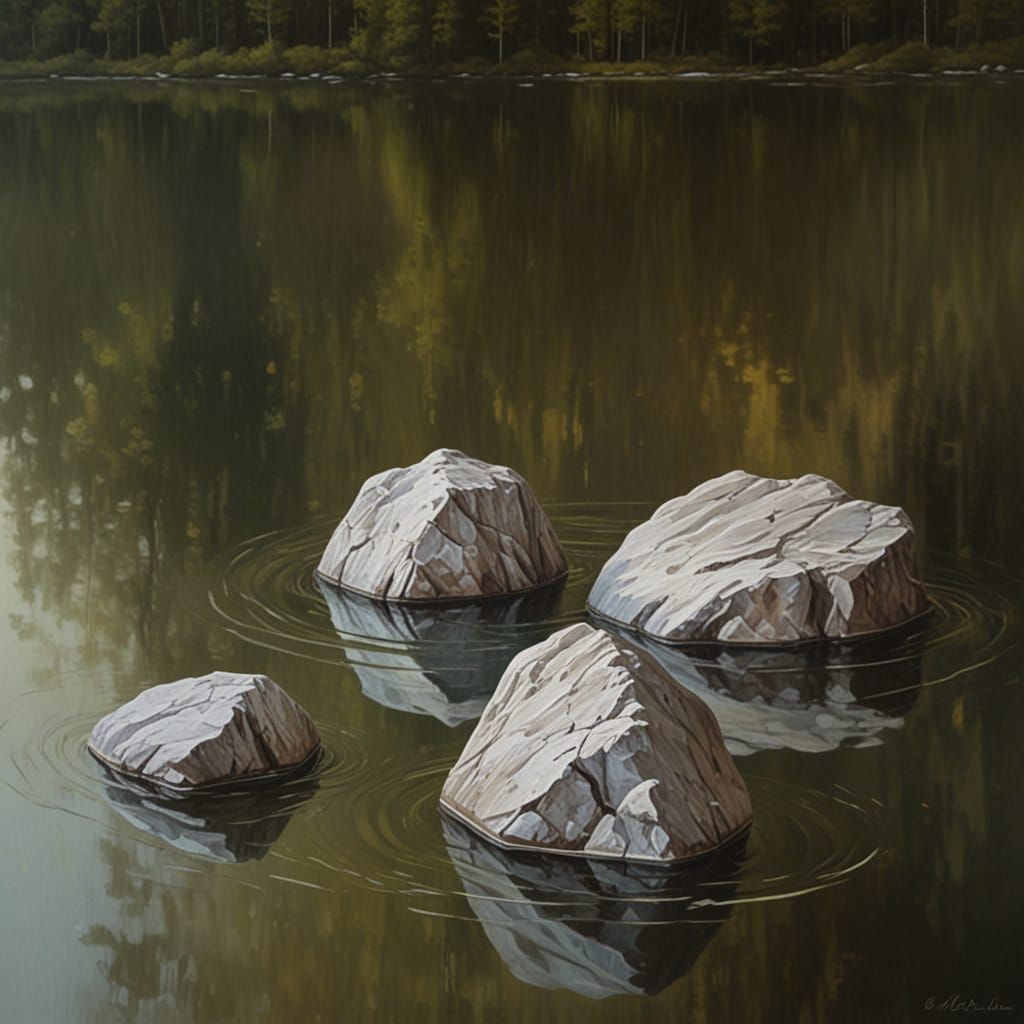 Serene Contemporary Lake Scene with Distant Mountains
