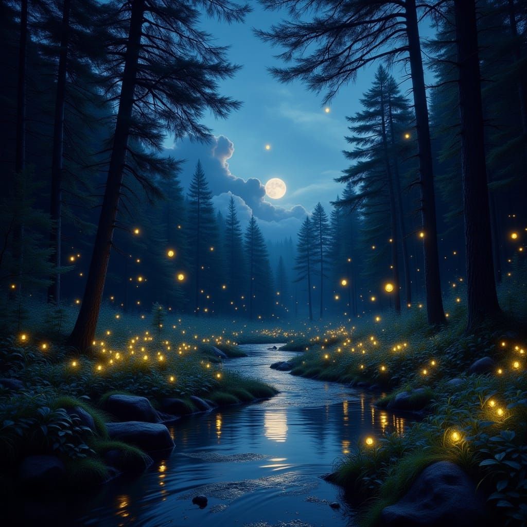 Dark Forest Illuminated by Swarm of Fireflies
