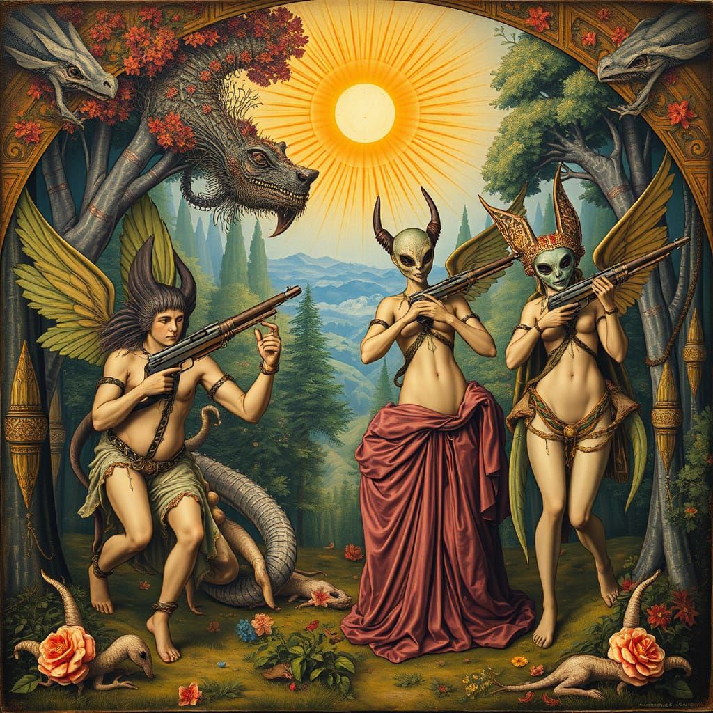 Surreal Renaissance Scene with Fauns, Aliens, and Nymphs