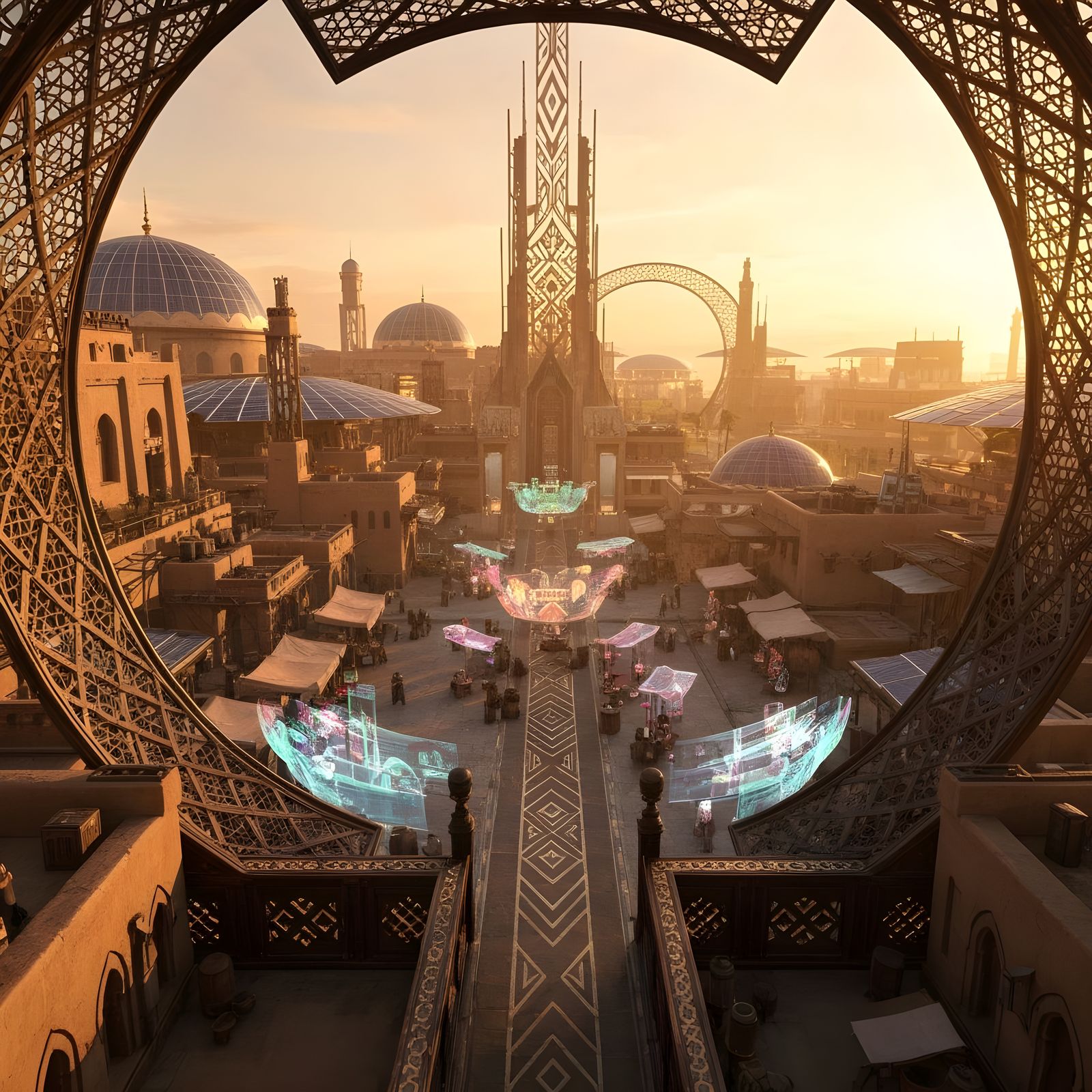 Futuristic Moorish Metropolis with Digital Artifacts