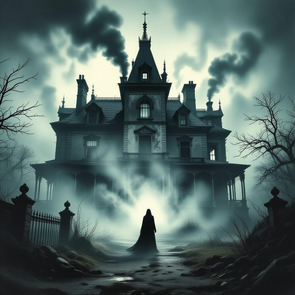 Haunted Mansion Ominous Shadows in Dark Futuristic Style