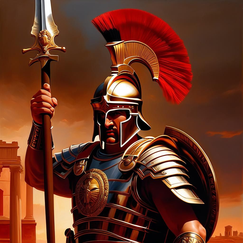 Roman Centurion in Battle, Hyperrealistic Oil Painting