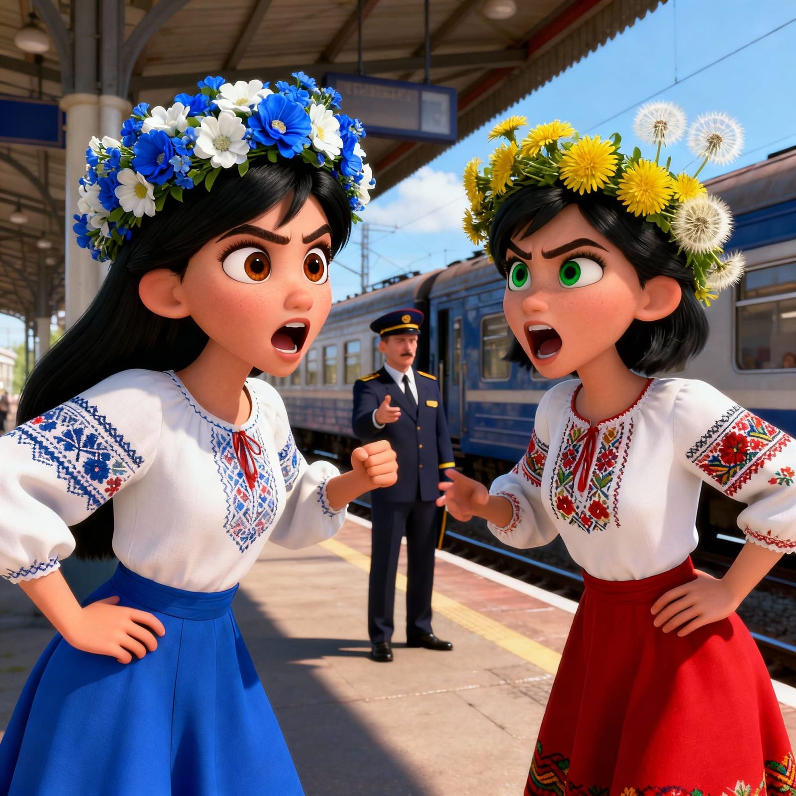 Ukrainian Women Argue with Conductor in 3D Cartoon Style