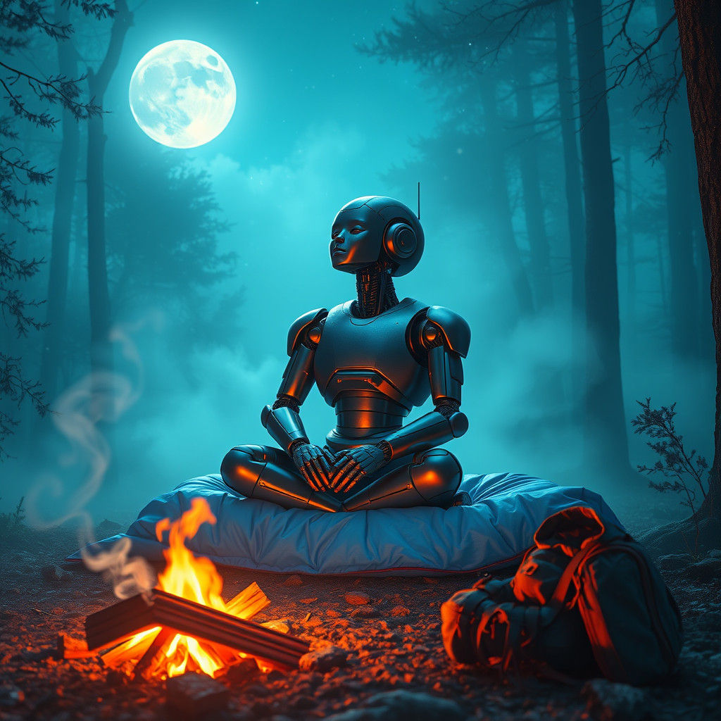 Robot Camping in Psychedelic Forest at Night