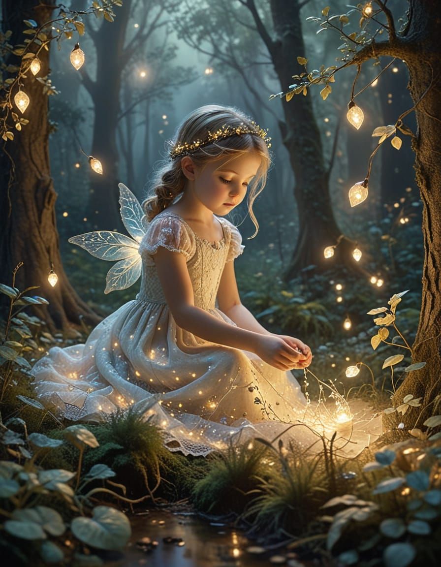 Whimsical Fantasy Scene with Golden Accents and Soft Focus