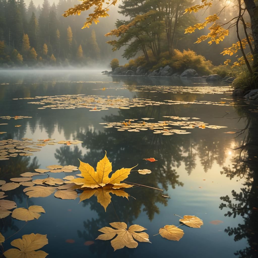 Yellow Leaf Drifts on Lake at Sunset: Kinkade Style