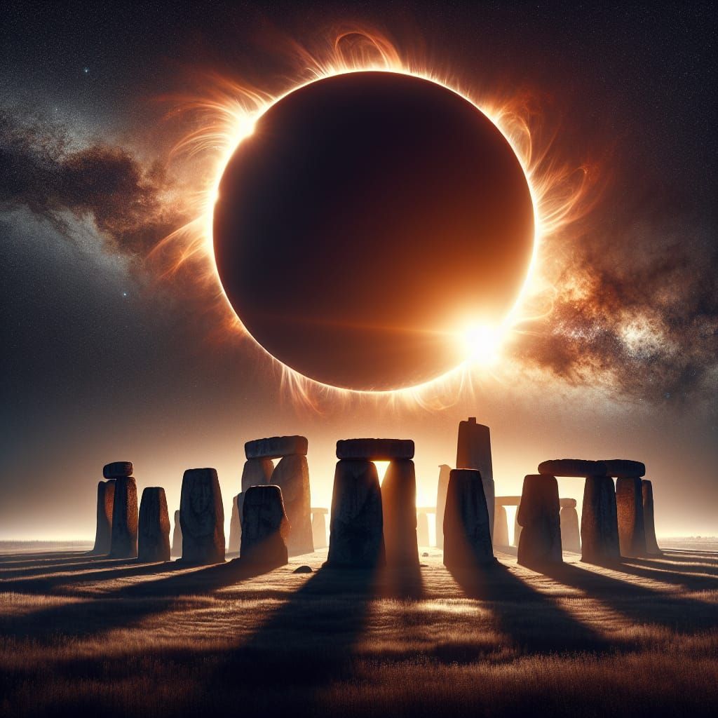 Stonehenge-type ancient monument silhouetted against a mesmerizing huge rising solar eclipse with a fiery ethereal coron...