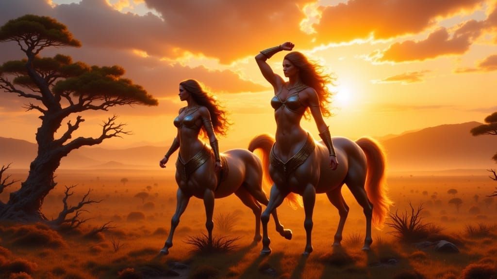 Centaur Warrior and Shaman on Savannah at Golden Hour