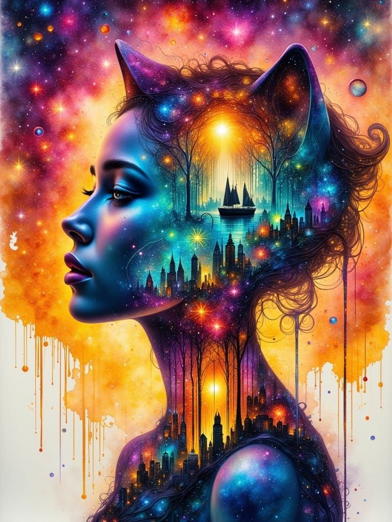 Double Exposure Kitten in Surreal Galaxy