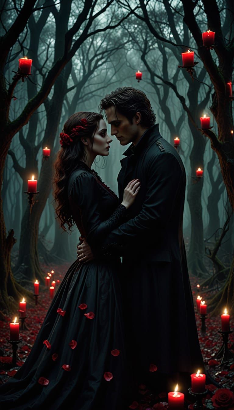 Vampire Couple in a Haunting Gothic Romance Scene