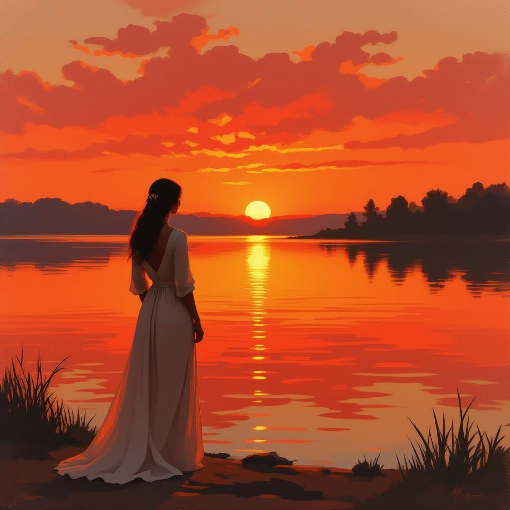 Woman Gazing at Blood Red Sunset as Oil Painting