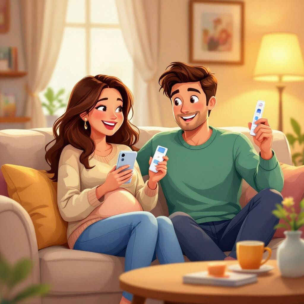Happy Wife on Sofa with Pregnancy Test in Disney Style