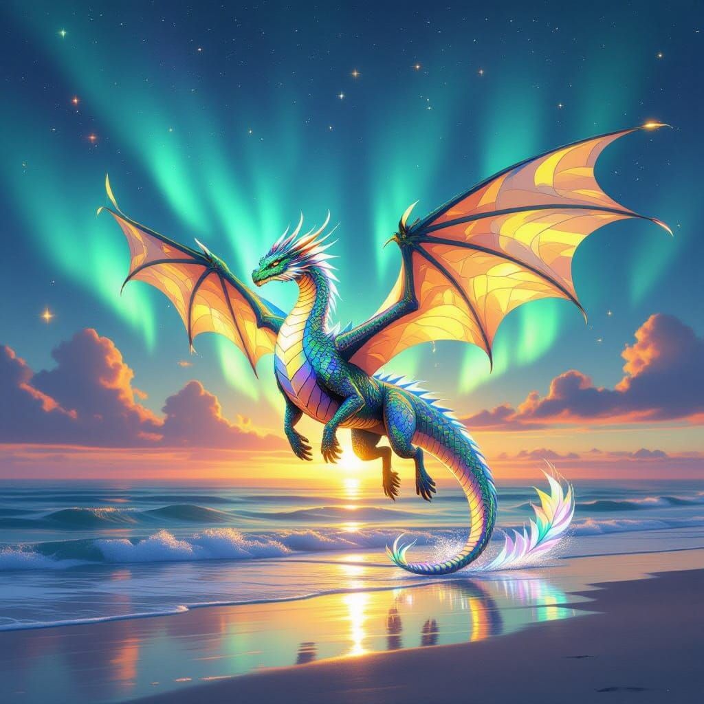 Ethereal Dragon Soars Over Vibrant Twilight Ocean