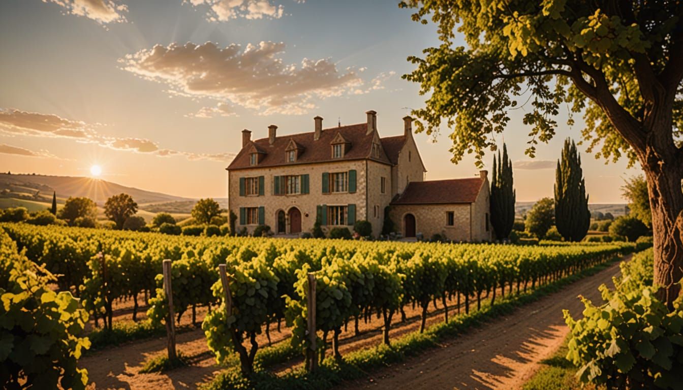 Warm Burgundy Sunset with Ancient Manor