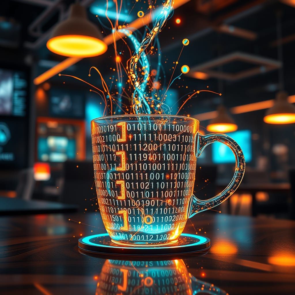 Virtual Coffee Cup of Glowing Data in Cybercafe