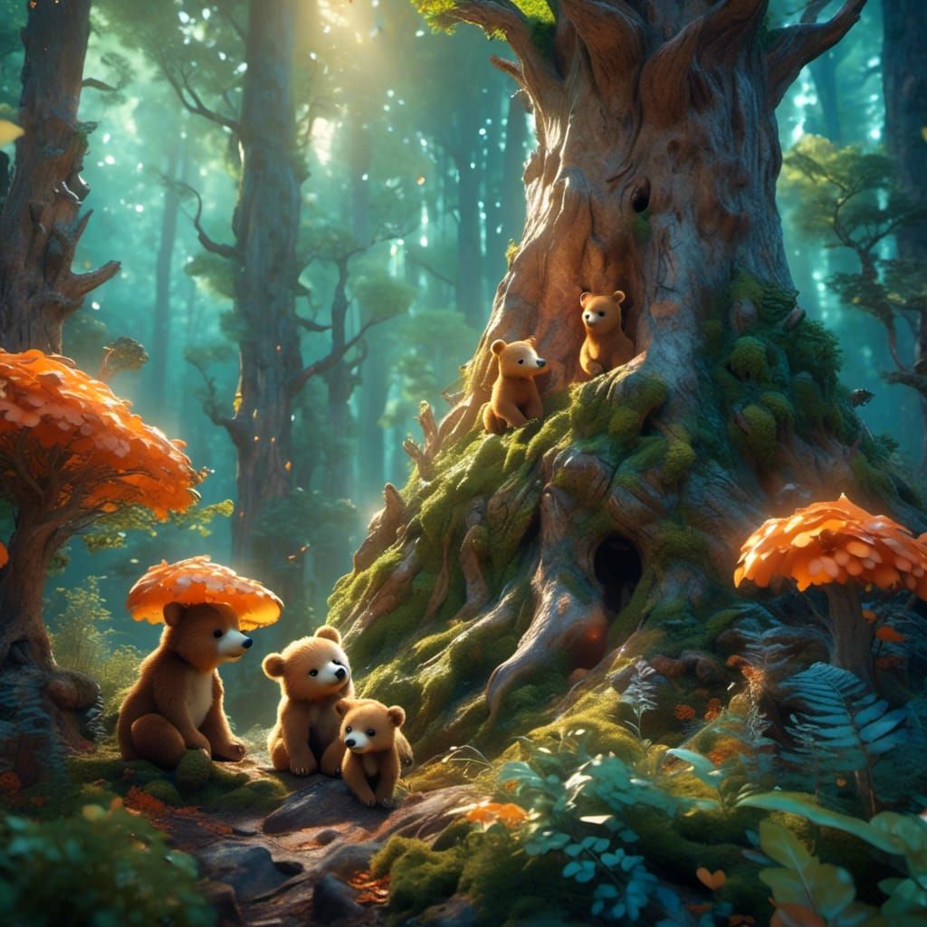 Cute Bear Cubs in a Magical Forest