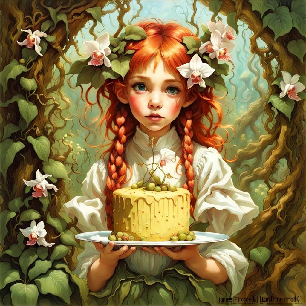 Adorable Elf Girl Holding Cake: Airbrushed Digital Art