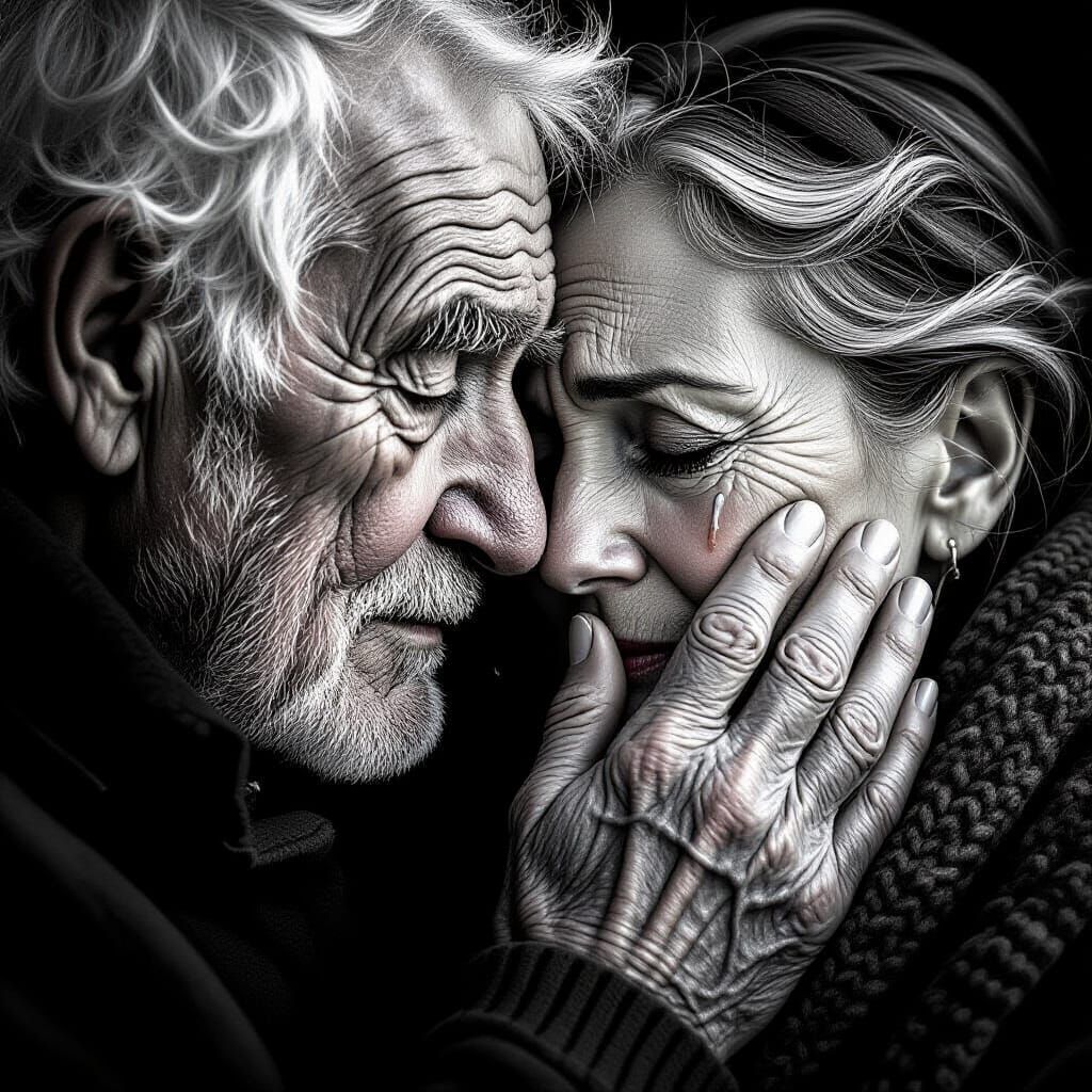 Heart-wrenching Goodbye: Monochrome Portrait of Elderly Coup...