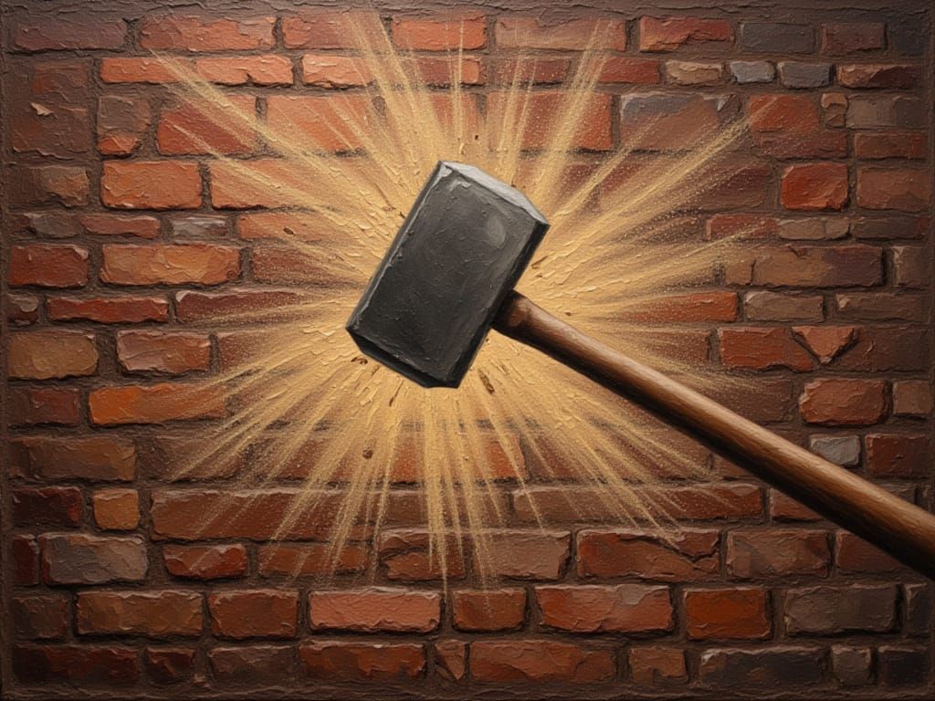 Sledgehammer Shatters Brick Wall in Digital Painting