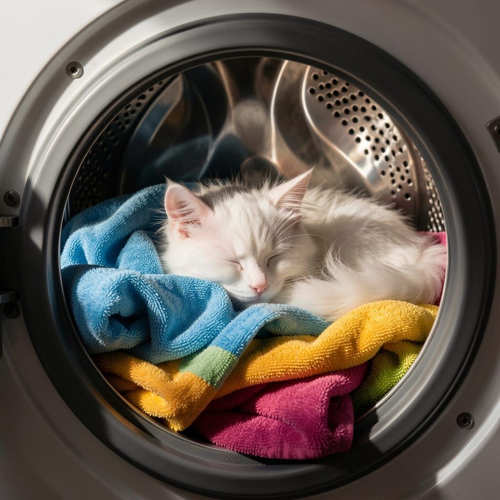 Fluffy Kitten Sleeps in Washing Machine Macro Shot