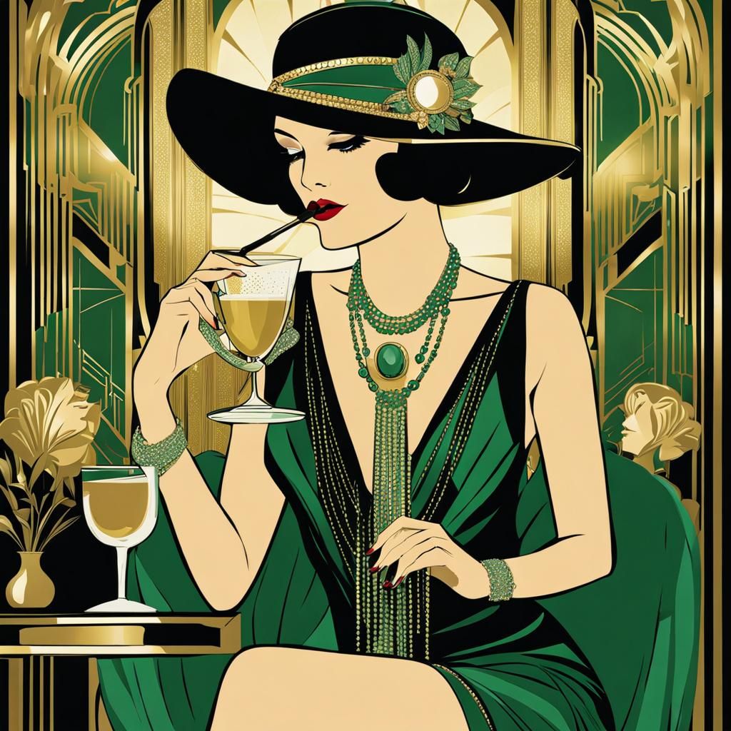 Beautiful art deco filled room gold green and black furniture art deco style walls woman dressed in amazing glitzy flapp...