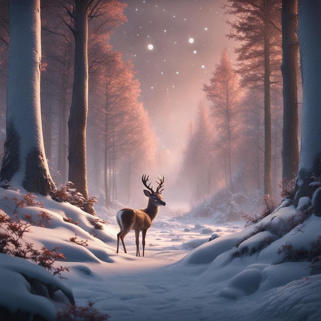 Snowy Forest with Bambi: Fantasy Concept Art
