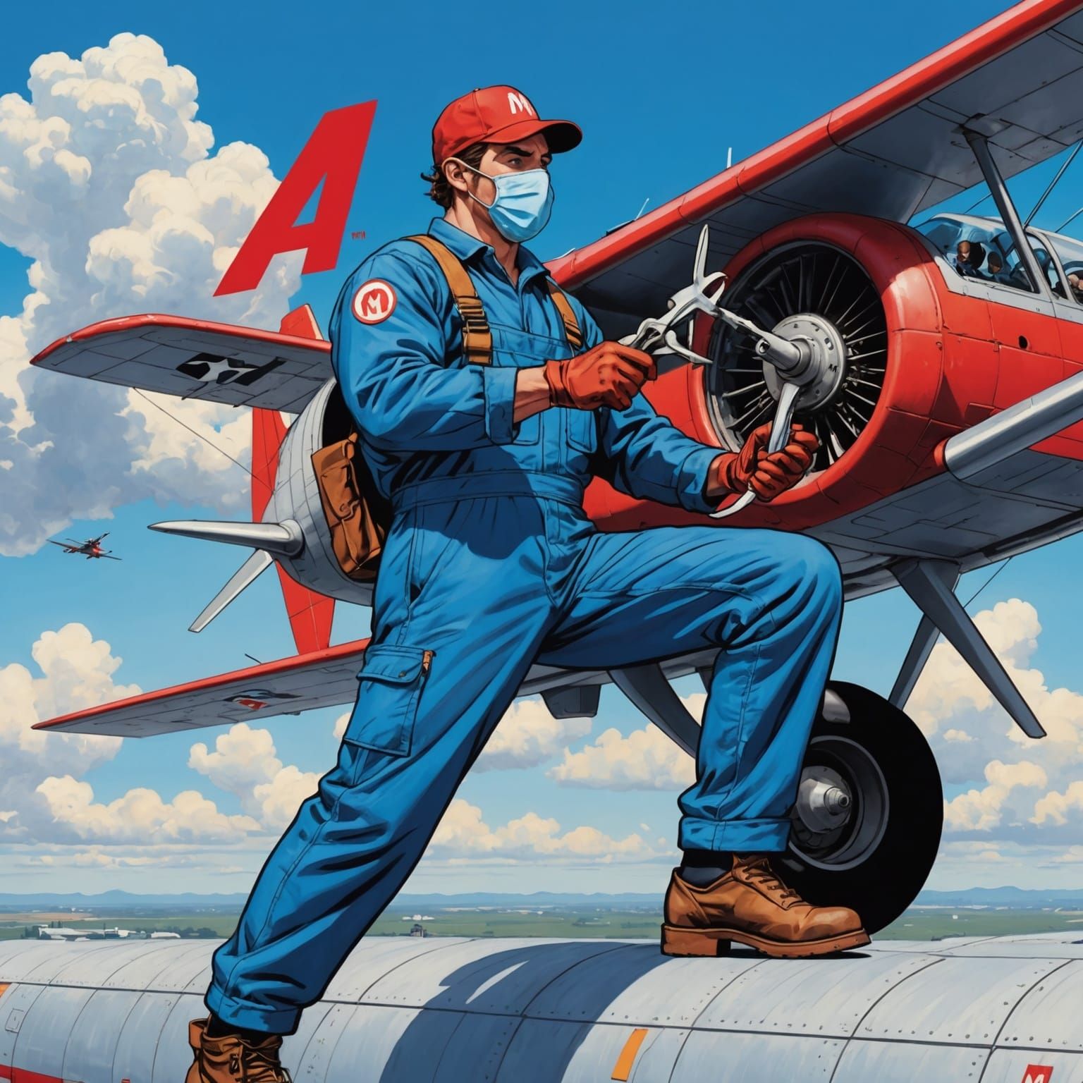 Airplane Mechanic Fixing Plane in Flight, Comic Style
