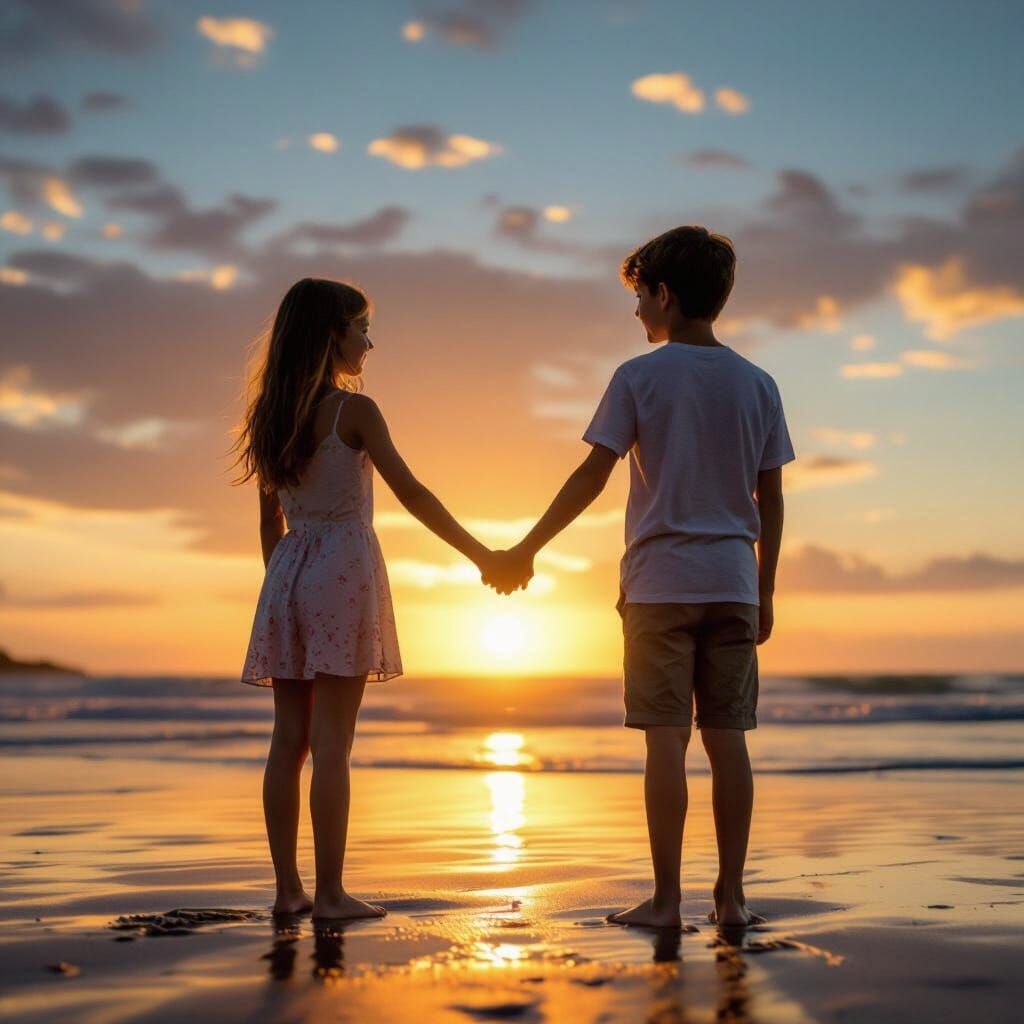 Couple Holding Hands at Sunset Beach