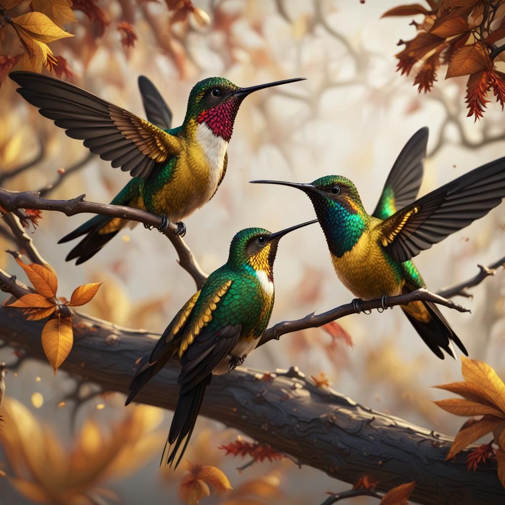 Phoenix Hummingbirds on Autumn Branch: Fantasy Concept Art