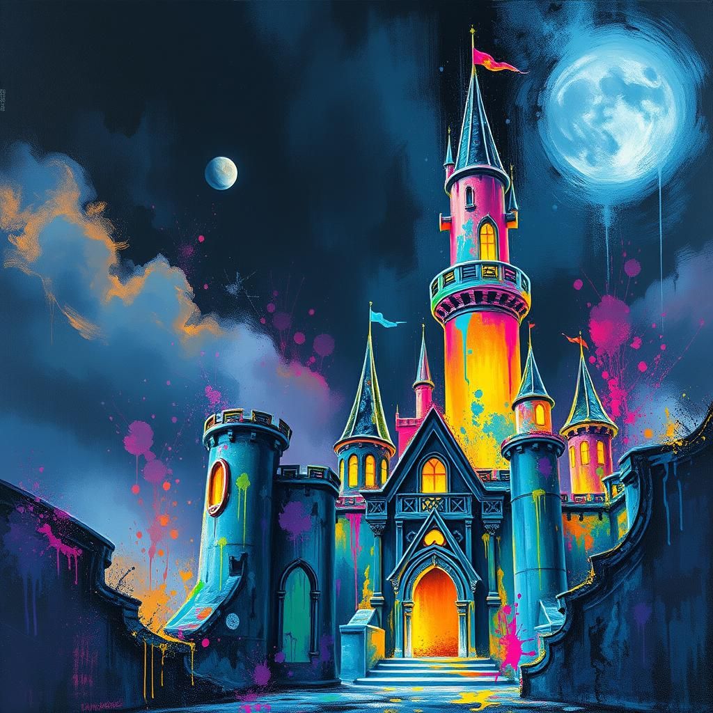 Glowing Castle at Night in Graffiti Art Style