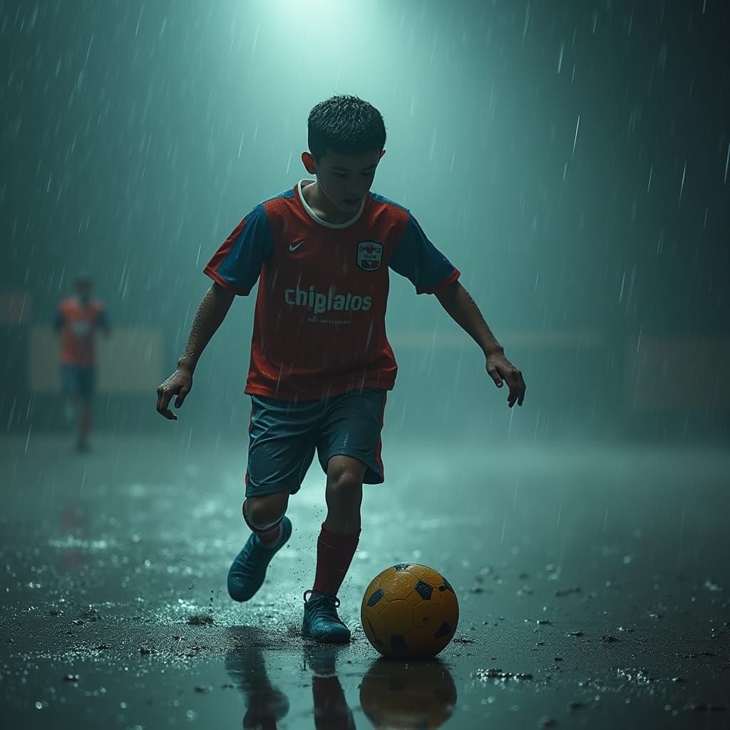 Moody Football Scene in a Rainy Downpour