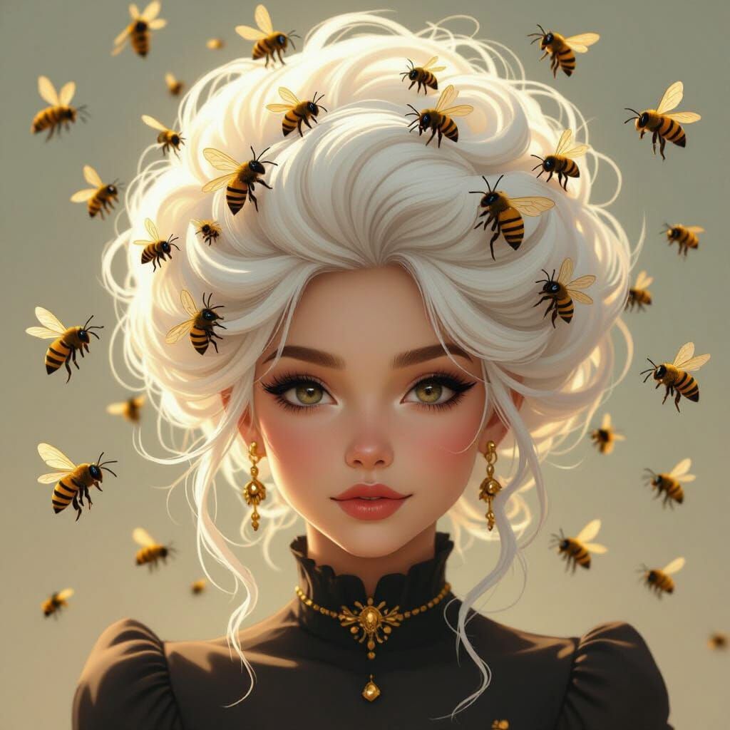 Beehive Hairstyle with Swarming Bees, Whimsical Art