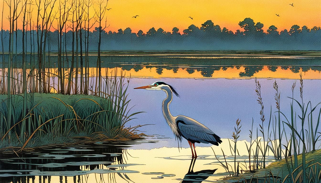 Heron in Marsh at Sunset: Moebius Style