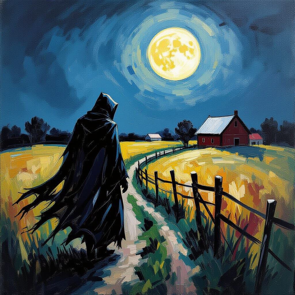 Ominous Demon Creeping on Farm in Neo-Impressionist Style